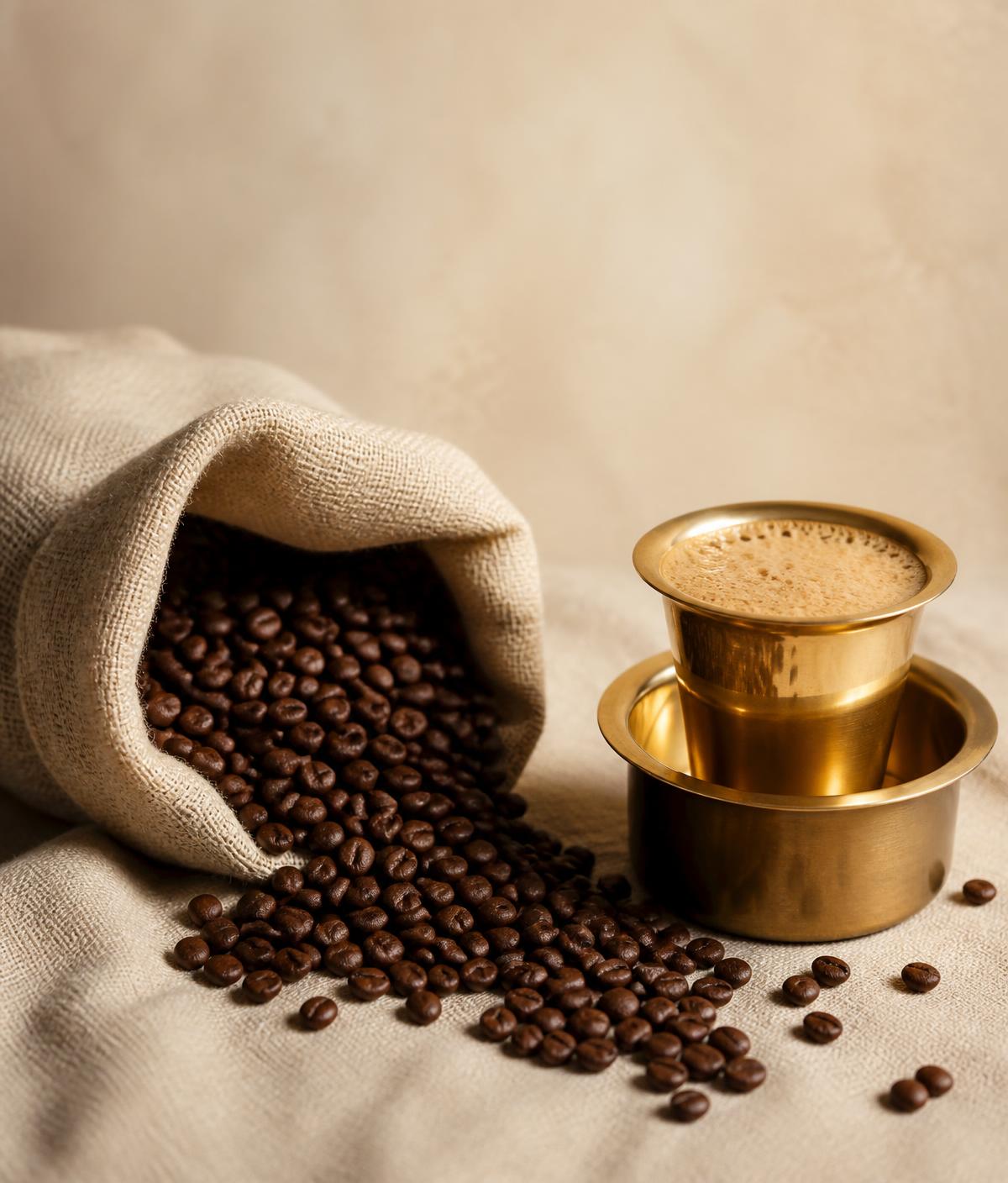 Roasted coffee beans and a brass filter coffee tumbler