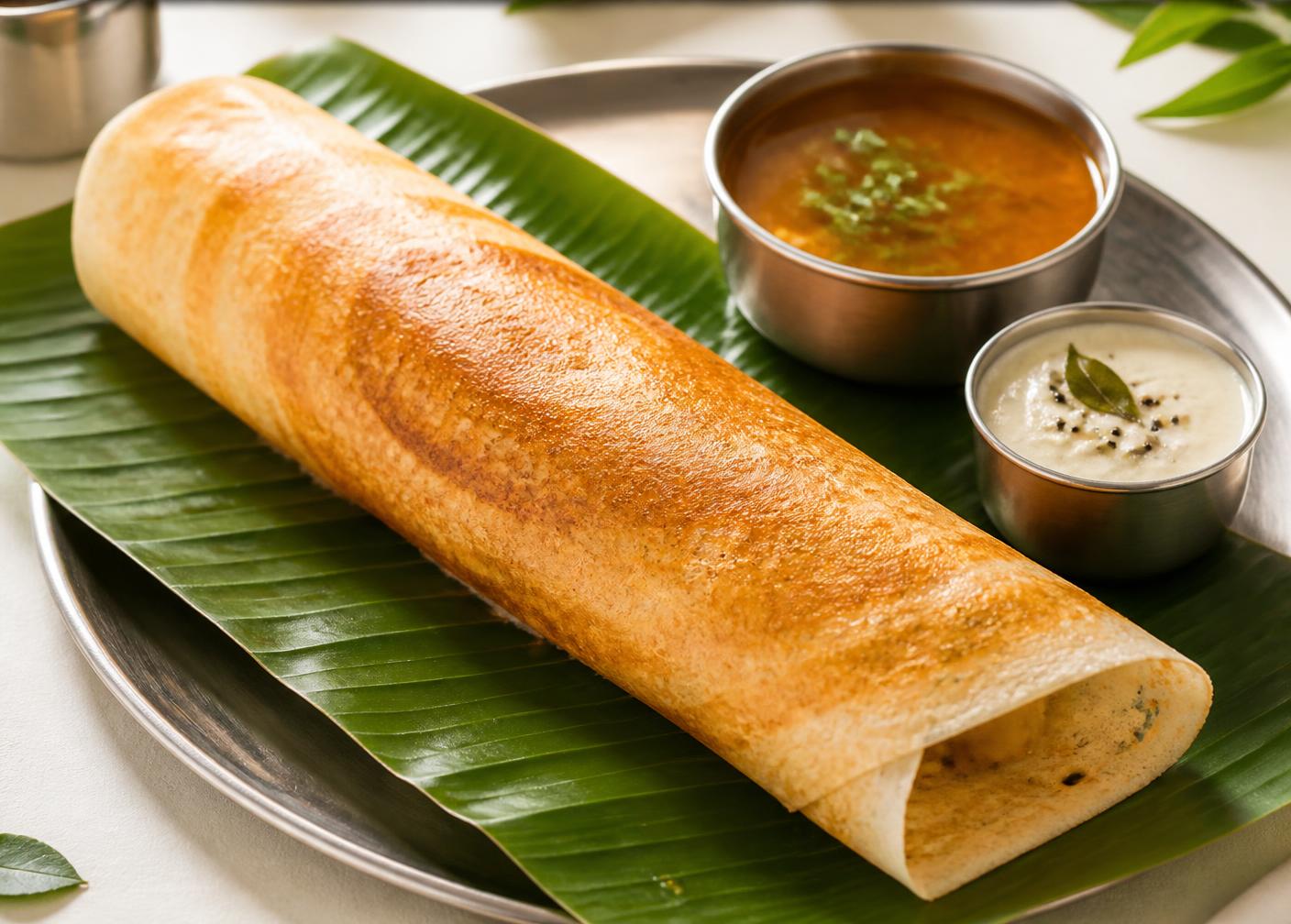 Crisp masala dosa with chutney and sambar
