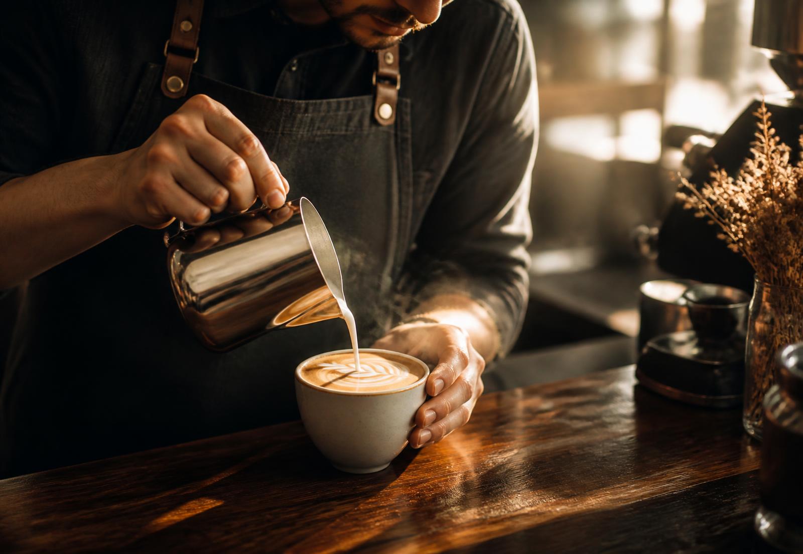 Barista pouring latte art at The Ullal Cafe